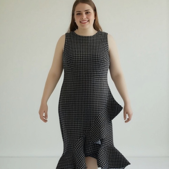 Calvin Klein Ruffle hem Elegant Black and White Checkered Dress Size 18W - Picture 1 of 8
